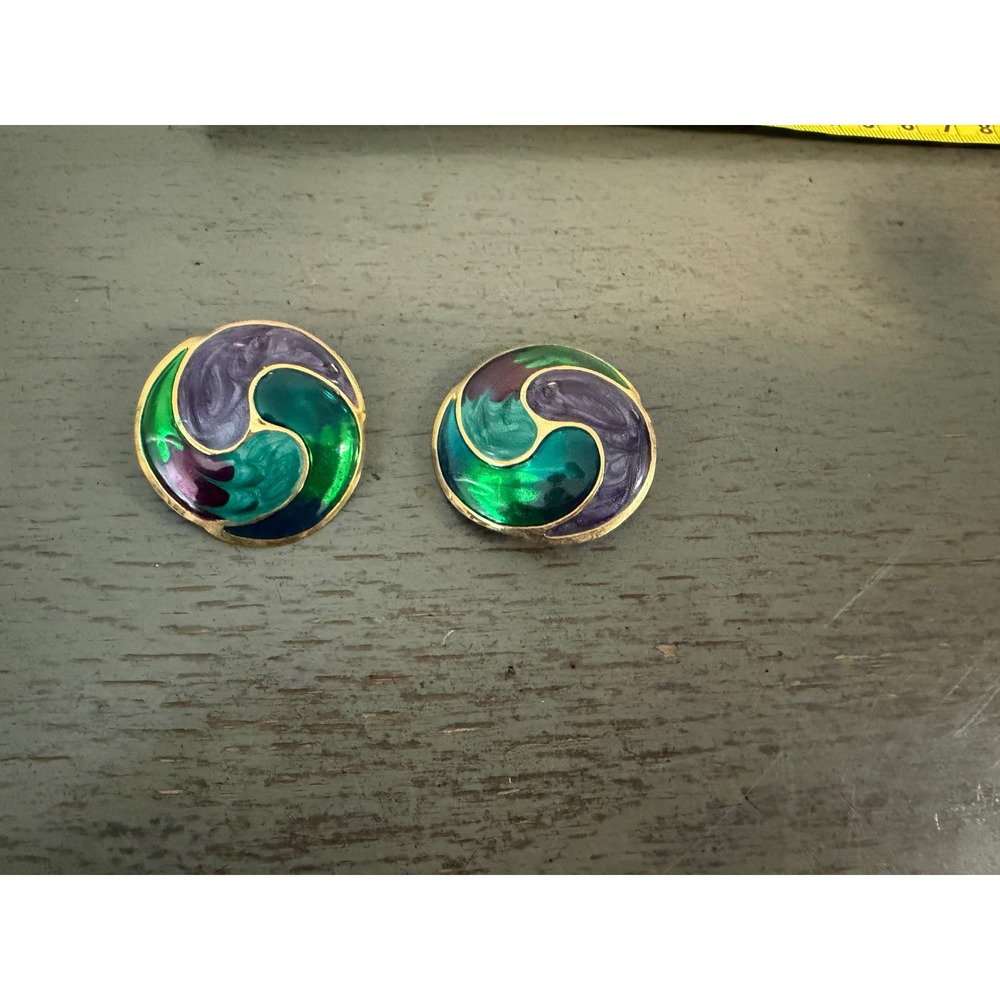 Vintage Jewel Tone Enamel Swirl Clip On Earrings Gold Tone Retro Statement